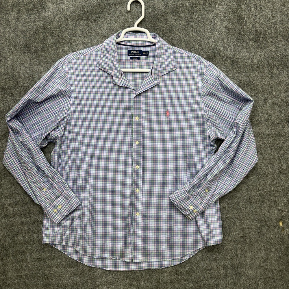 Polo Ralph Lauren Button Up Shirt Long Sleeve Men's size XXL 2XL blue pink plaid